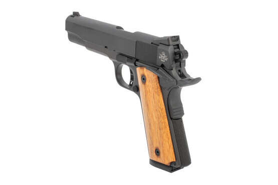Rock Island Armory 1911 A1 pistol features wood grip panels
